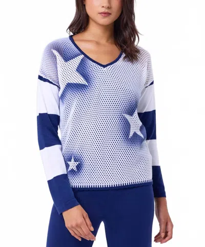 Angel Apparel Star Crochet Knit Top In White/navy In Blue