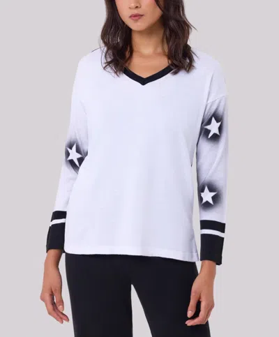 Angel Apparel Star V-neck Knit Top In White/black In Multi