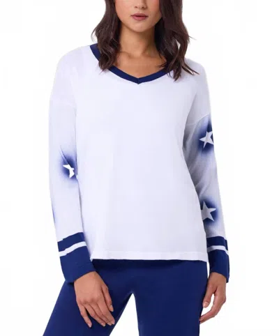 Angel Apparel Star V-neck Knit Top In White/navy