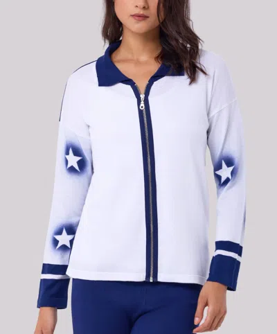Angel Apparel Star Zip-up Knit Jacket In White/navy In Multi