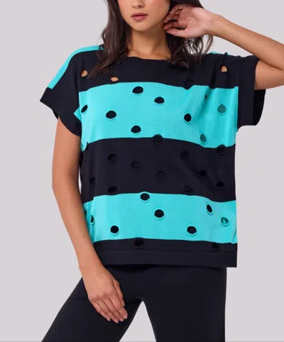 Angel Apparel Stripe & Cut Out Knit Top In Black/mint In Blue