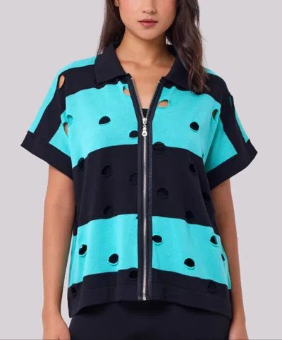 Angel Apparel Stripe & Cut Out Knit Zip Up Top In Black/mint