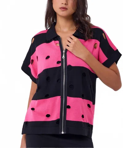 Angel Apparel Stripe & Cut Out Knit Zip Up Top In Black/petal In Multi