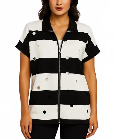 Angel Apparel Stripe & Cut Out Knit Zip Up Top In Black/white