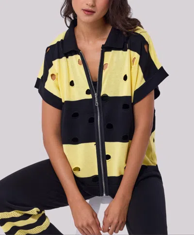 Angel Apparel Stripe & Cut Out Knit Zip Up Top In Black/yellow In Multi