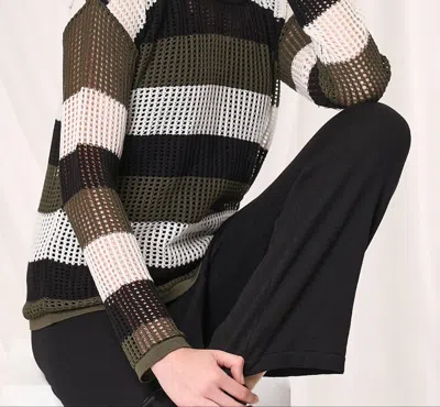 Angel Apparel Stripe Crochet Scoop Neck Top In Black/army In Multi