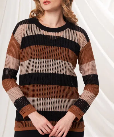 Angel Apparel Stripe Crochet Scoop Neck Top In Black/mocha In Multi