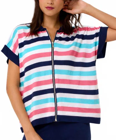 Angel Apparel Stripe Knit Zip-up Top In White/multi