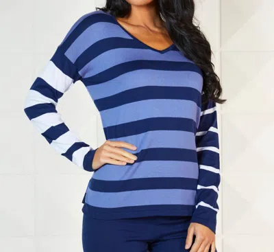 Angel Apparel Stripe Long Sleeve V-neck Top In Navy Multi In Blue