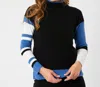 Angel Apparel Stripe Sleeve Mock Neck Sweater In Black/denim In Multi