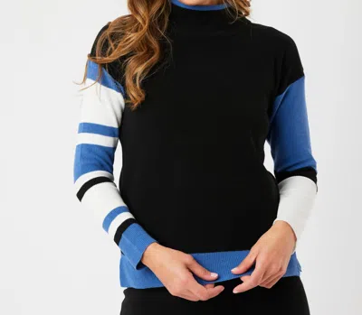 Angel Apparel Stripe Sleeve Mock Neck Sweater In Black/denim In Multi
