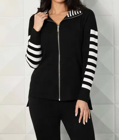 Angel Apparel Stripe Sleeve Zip Jacket In Black/ivory In Multi