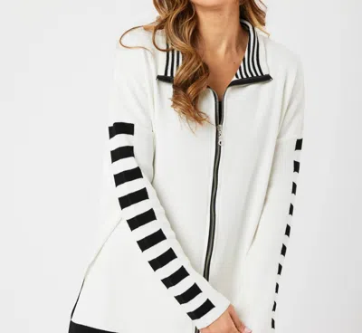 Angel Apparel Stripe Sleeve Zip Jacket In Ivory/black In White