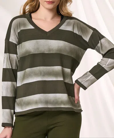 Angel Apparel Stripe V-neck Sweater In Army In Green