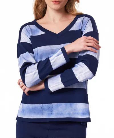 Angel Apparel Stripe V-neck Sweater In Denim In Multi
