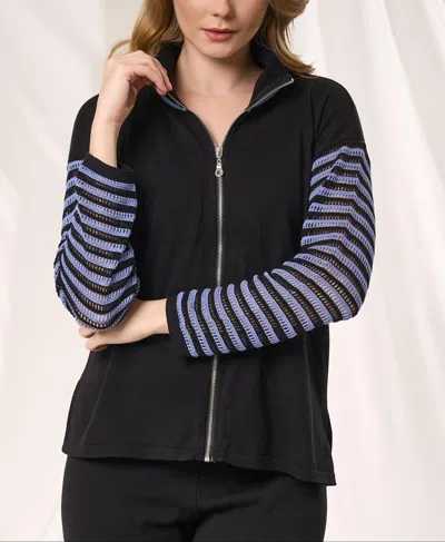 Angel Apparel Stripe Zip Up Knit Top In Black/denim