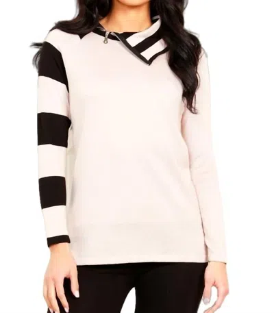 Angel Apparel Striped Zip Neck Sweater In Stone/black In Beige