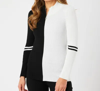 Angel Apparel Two Tone Ribbed Zip Up Cardigan In Black/ivory