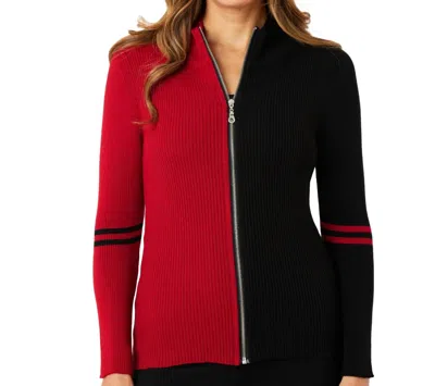 Angel Apparel Two Tone Ribbed Zip Up Cardigan In Black/red In Multi