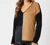 Angel Apparel Two Tone V-neck Top In Black/sand In Multi