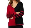 Angel Apparel V-neck Cable Sleeve Sweater In Black/red In Multi