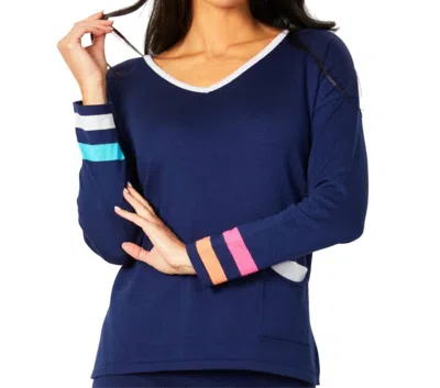 Angel Apparel V-neck Stripe Detail Pullover In Navy In Blue