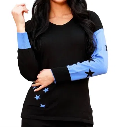 Angel Apparel V-neck Sweater With Stars In Black/periwinkle