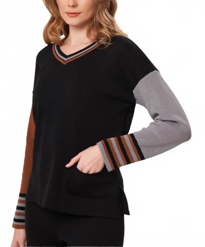 Angel Apparel V-neck Color Block Sweater In Black/multi
