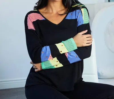 Angel Apparel V-neck Long Sleeve Top In Black Multi