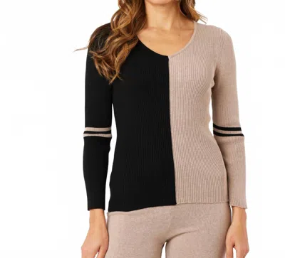 Angel Apparel V-neck Ribbed Sweater In Black/beige In Multi
