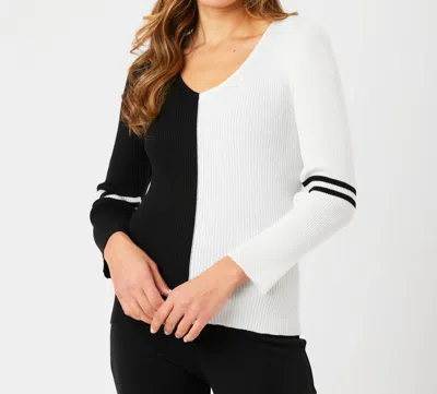Angel Apparel V-neck Ribbed Sweater In Black/ivory In White