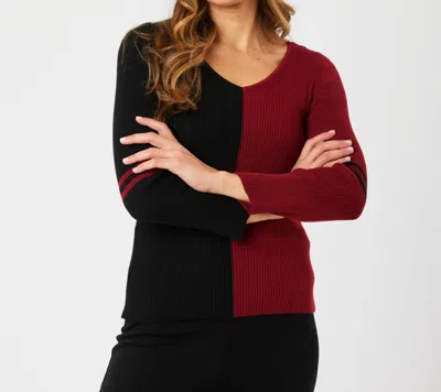 Angel Apparel V-neck Ribbed Sweater In Black/wine