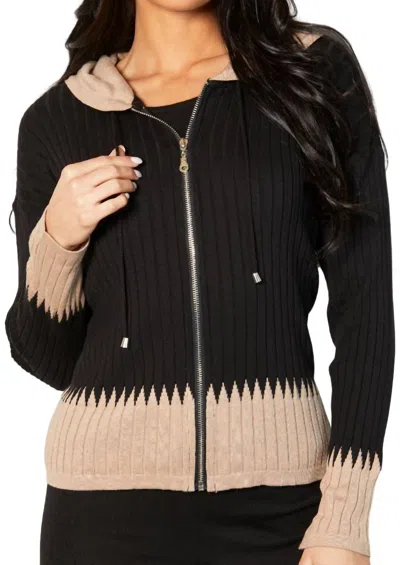 Angel Apparel Zip Hoodie Ribbed Cardigan In Black/sand