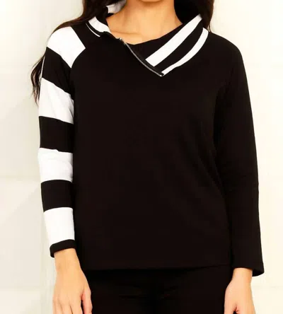 Angel Apparel Zip Neck Top In Black/white