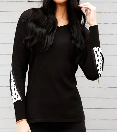 Angel Apparel Zip V-neck Top In Black/white In Multi