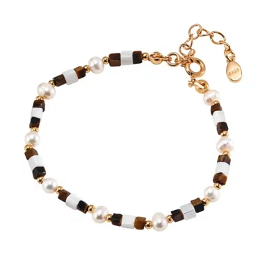 Angel Barocco Women's Brown Tiger Eye Gemstone Pearl Beaded Bracelet