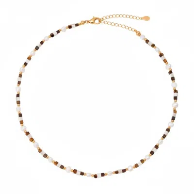 Angel Barocco Women's Brown Tiger Eye Gemstone Pearl Beaded Necklace