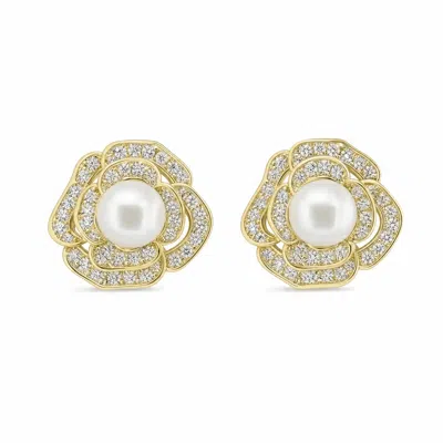 Angel Barocco Women's Crystal Rose Freshwater Pearl Stud Earrings - Gold
