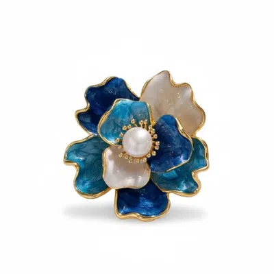 Angel Barocco Women's Enamel Peony Freshwater Pearl Brooch - Blue In Gold