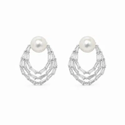 Angel Barocco Women's Freshwater Pearl Baguette Crystal Stud Earrings - Silver