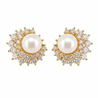Angel Barocco Women's Freshwater Pearl Crystal Cluster Stud Earrings - Gold