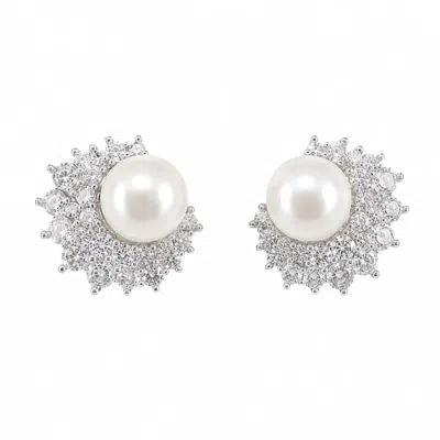 Angel Barocco Women's Freshwater Pearl Crystal Cluster Stud Earrings - Silver
