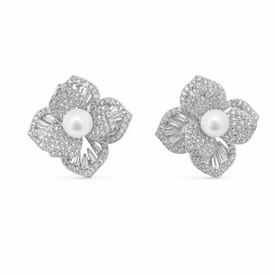 Angel Barocco Women's Freshwater Pearl Crystal Flower Stud Earrings - Silver