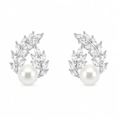 Angel Barocco Women's Freshwater Pearl Crystal Laurel Stud Earrings - Silver