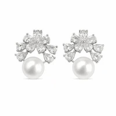 Angel Barocco Women's Freshwater Pearl Floral Cluster Stud Earrings - Silver