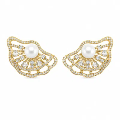 Angel Barocco Women's Freshwater Pearl Ginkgo Leaf Stud Earrings - Gold