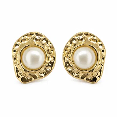 Angel Barocco Women's Freshwater Pearl Hammered Organic Stud Earrings - Gold
