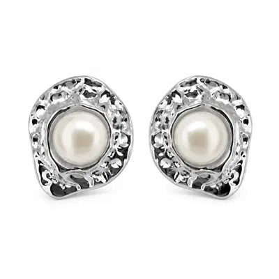 Angel Barocco Women's Freshwater Pearl Hammered Organic Stud Earrings - Silver