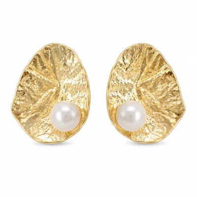 Angel Barocco Women's Freshwater Pearl Hammered Statement Stud Earrings - Gold