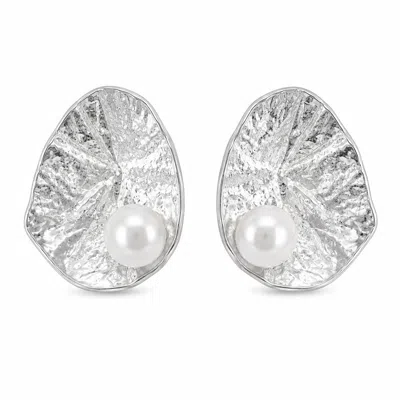 Angel Barocco Women's Freshwater Pearl Hammered Statement Stud Earrings - Silver